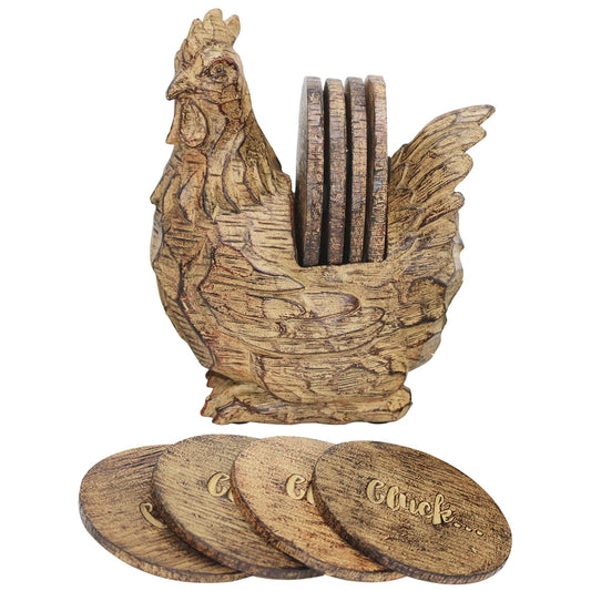Vintage Rooster Coasters, Set of 4 Resin Coasters in Handmade Cock Stand, Rustic Tabletop Decor for Home & Office