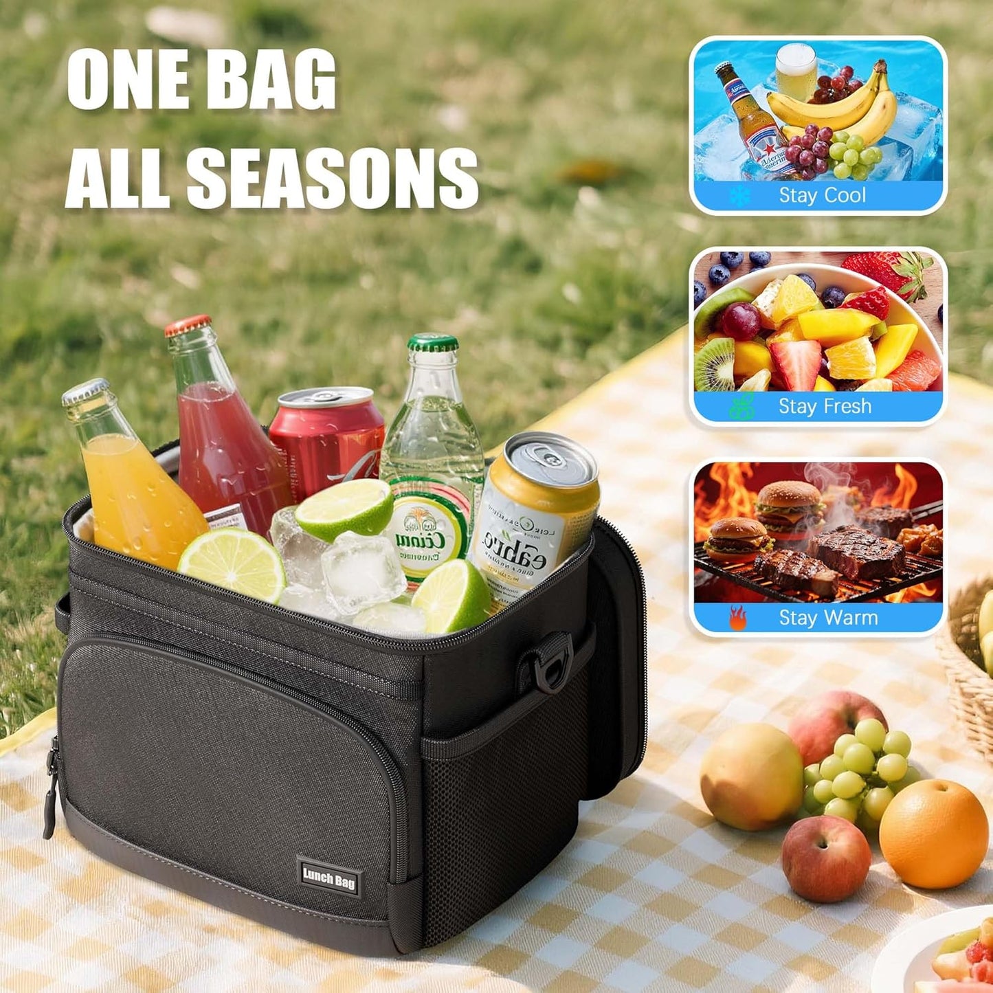 Skiennix Insulated Lunch Bag - Soft Cooler Tote for Work, Office, Travel & Picnic | Black, 9L