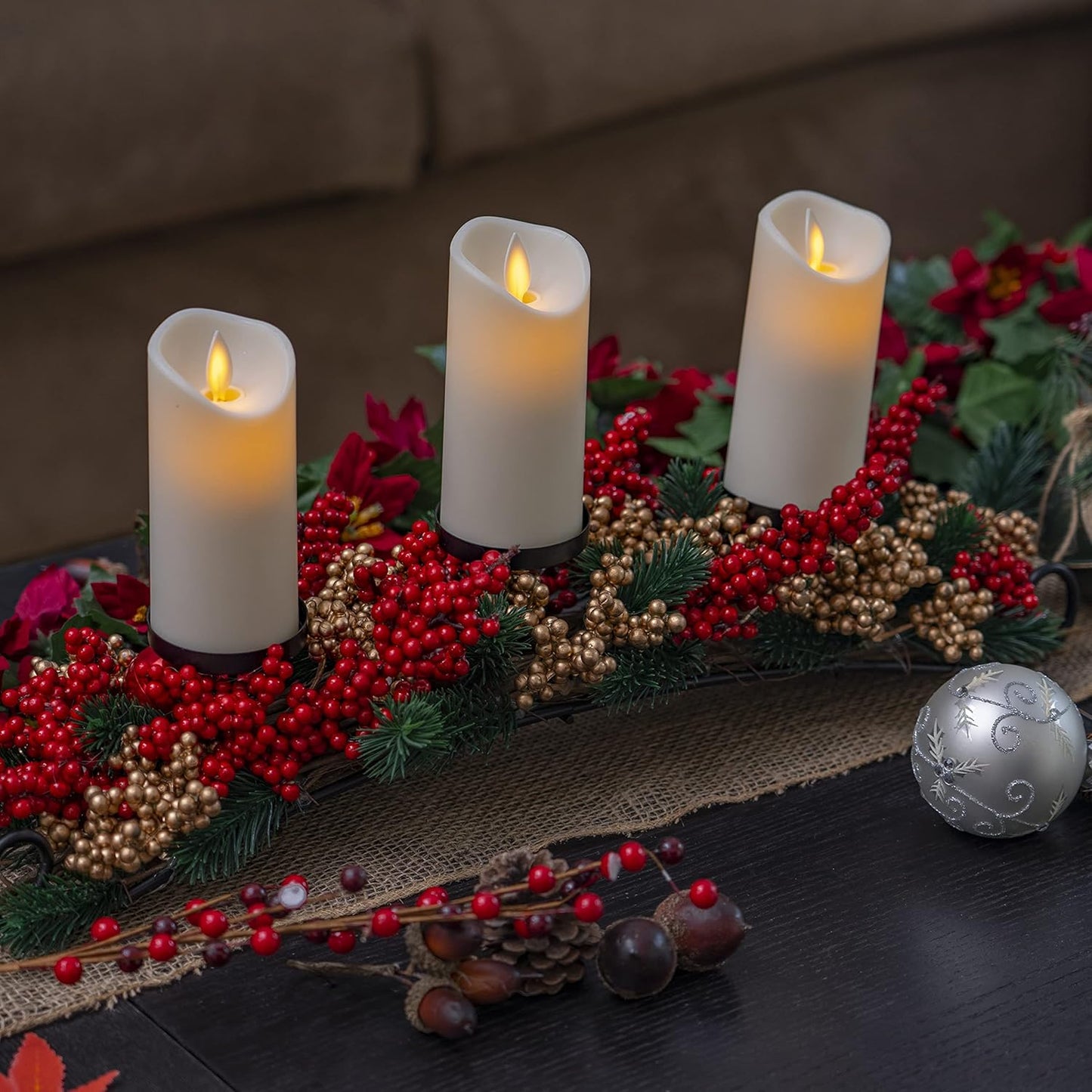 Ornativity Christmas Décor Candle Holder - Festive Table Centerpiece with Red & Gold Berries, Twigs, Evergreens