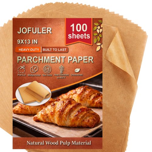 JOFULER Parchment Paper Sheets, 9x13 Inch Non-Stick Precut Unbleached Parchment Paper for Baking, Grilling, Air Fryer and Steaming, Perfect for Cookies, Bread, Cakes and More, 100PCS