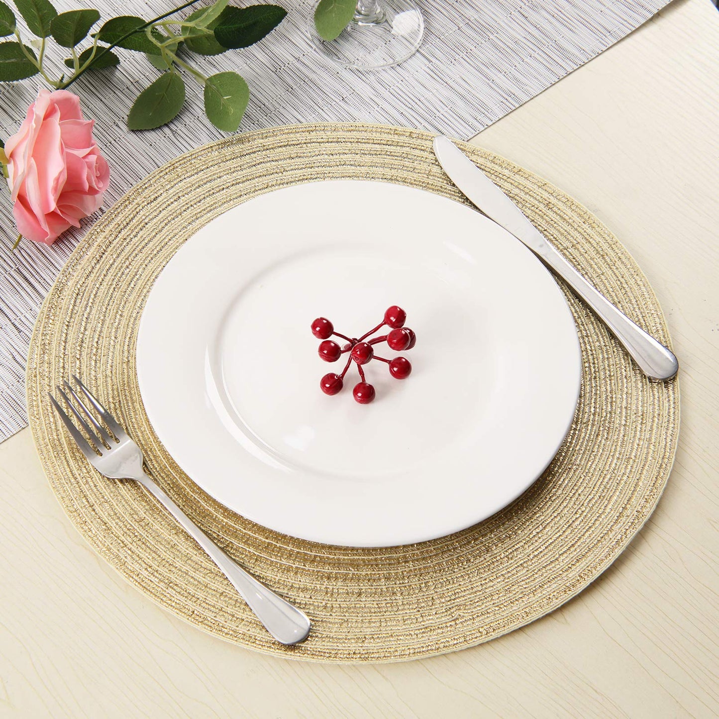 SHACOS Gold Glitter Round Placemats Set of 6 Bling Circle Place Mats Washable Table Mats for Christmas Holiday Party Wedding Shower Table Decor (6, Gold)