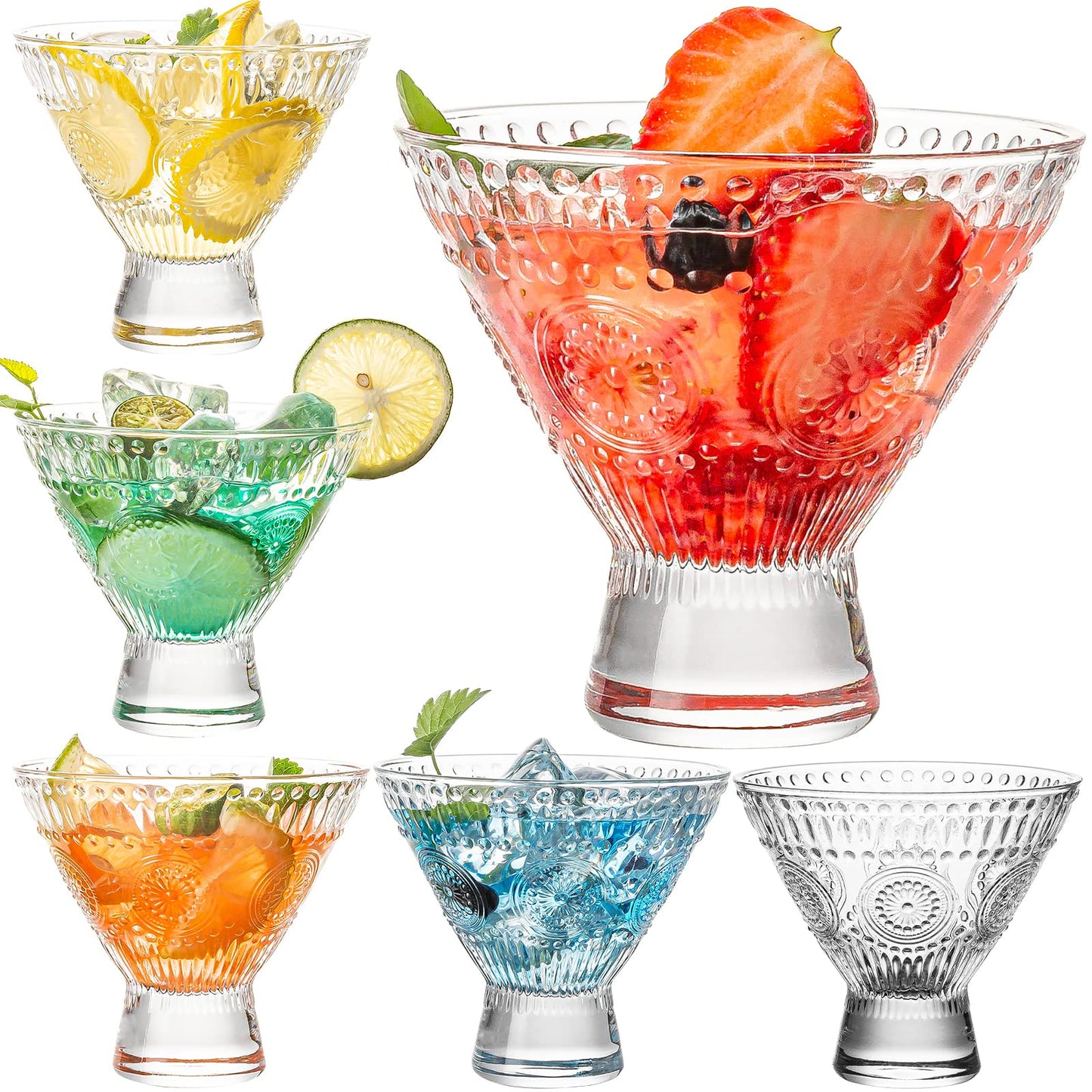 wookgreat Stemless Ribbed Martini Glasses Set of 6, 5oz Crystal Cocktail Glass, Margarita Glasses, Art Deco Coupe Glasses, Heavy Base Bar Glassware for Martini, Cosmopolitan, Gimlet, Dishwasher Safe