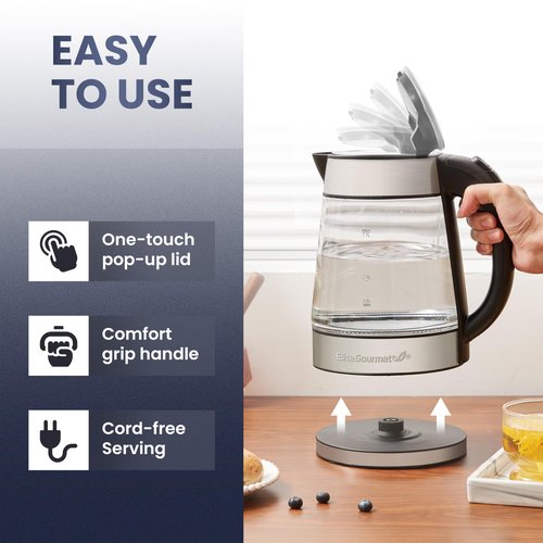 Elite Gourmet EKT-602 Electric BPA-Free Glass Kettle, Cordless 360° Base, Stylish Blue LED Interior, Handy Auto Shut-Off Function – Quickly Boil Water For Tea & More