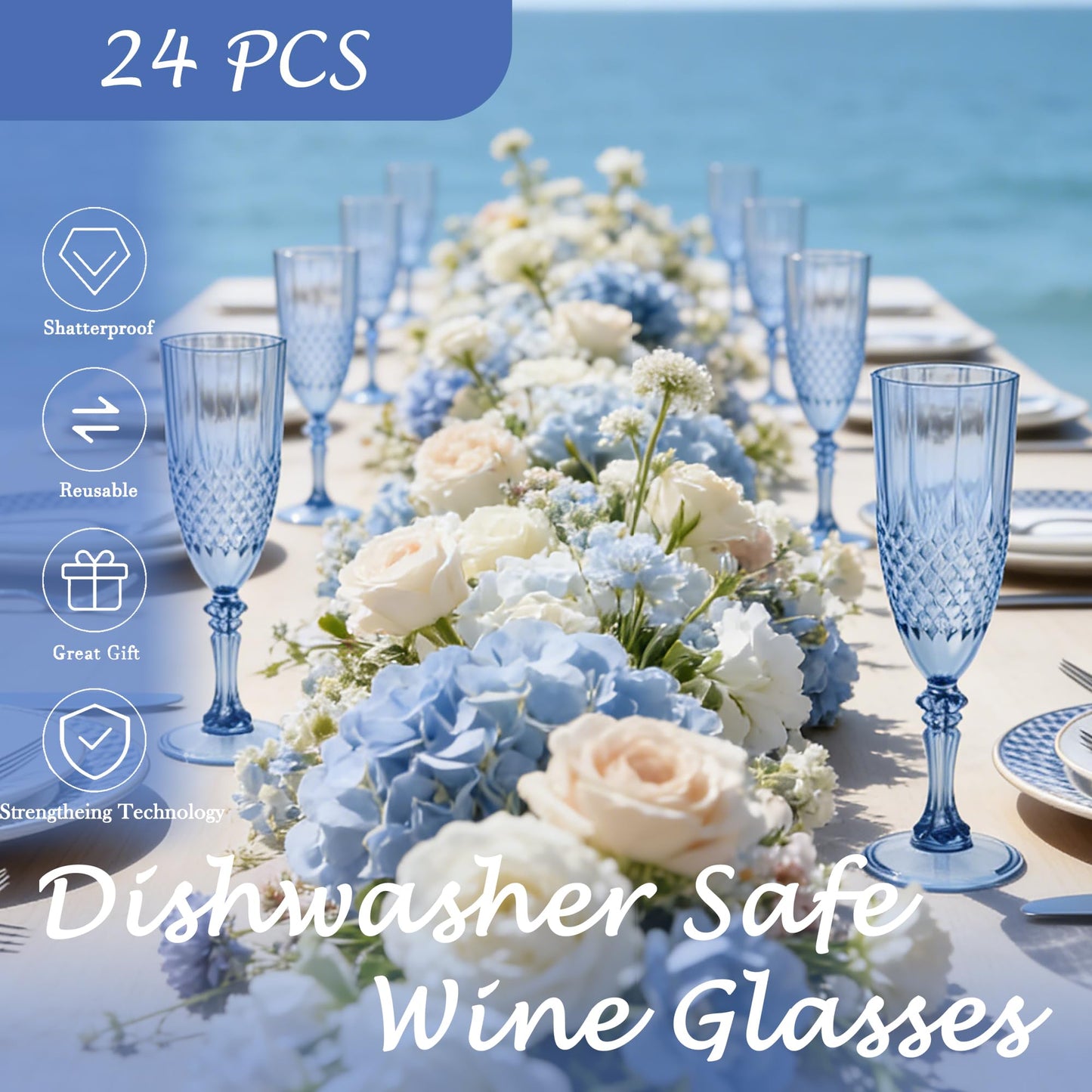 LEYIQU Plastic Champagne Flutes, Champagne Glasses Bulk, Reusable Unbreakable Acrylic Wine Glasses Goblets for Weddings Bachelor Parties Toasting Bridal Shower (24, Blue)