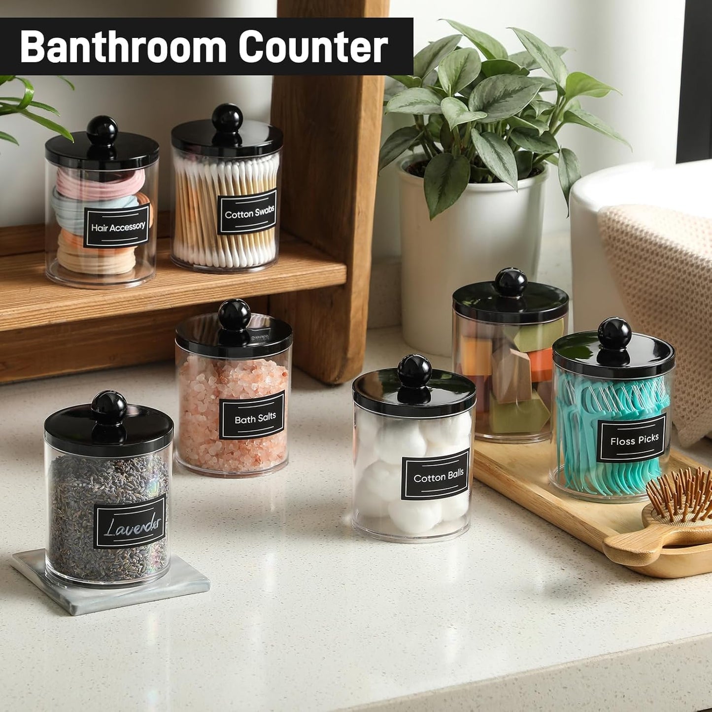 Skiennix Acrylic Qtip Holder Dispenser - 3 Pack Cotton Swab Storage Canisters | Clear & Black Bathroom Decor