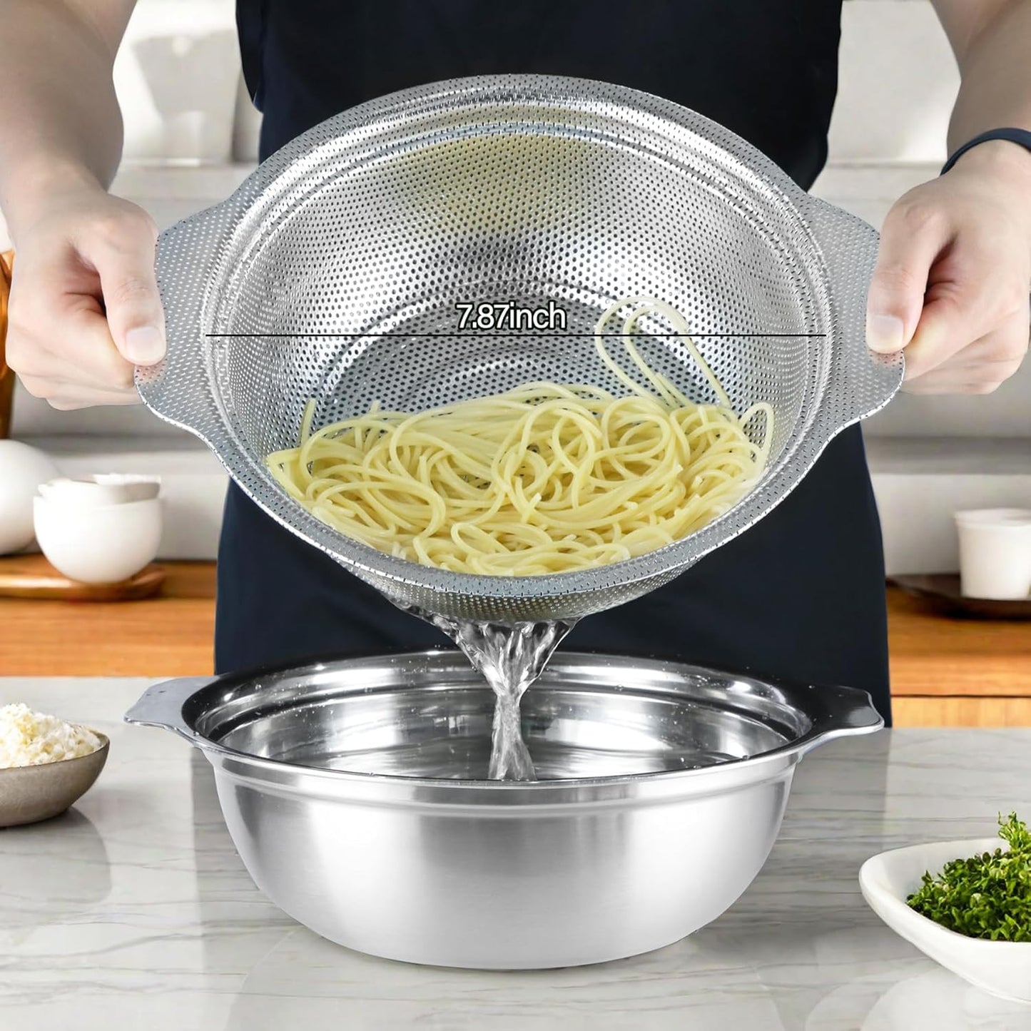 Skiennix Stainless Steel Colander Set - 2.5QT Rice Washer & Strainer with Mixing Bowl | Dishwasher Safe