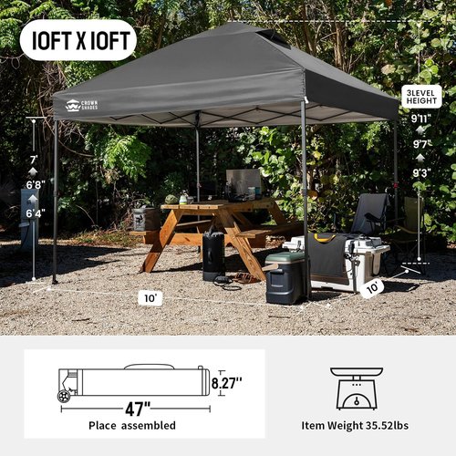 CROWN SHADES 10x10 Pop Up Canopy Tent - Instant Outdoor Shelter with Patented Lock & Accessories | Grid Grey