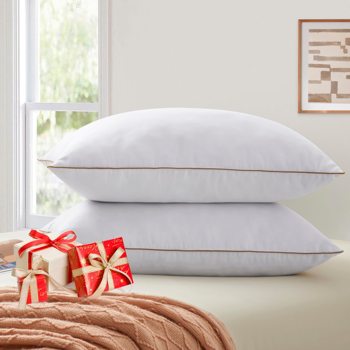 Bafode Goose Feathers Down Pillows, Pillows Standard Size Set of 2, Cotton Cover,Gusseted Hotel Collection Bed Pillow for Back, Stomach or Side Sleepers