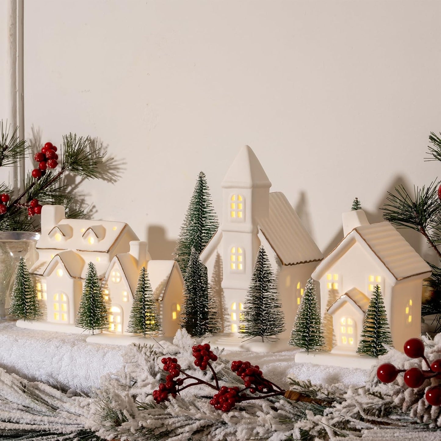 Skiennix Ceramic Christmas Village Set - LED Porcelain Houses with Xmas Trees | 4-Piece Tabletop Decor