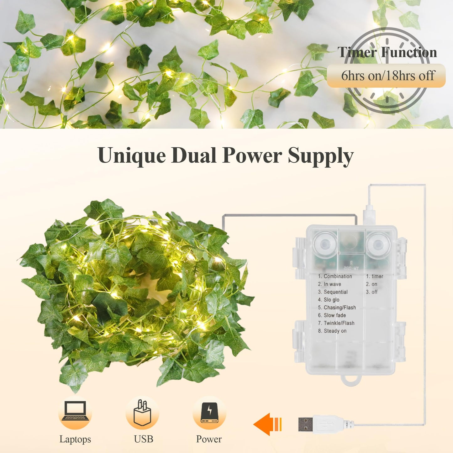 YOUNGAR Ivy Vines with Fairy Lights,Leaf String Warm White Lights Battery/USB Operated,23FT 73LED Fake for Bedroom Wall Room Wedding Birthday Garden Party Wall Room Decor