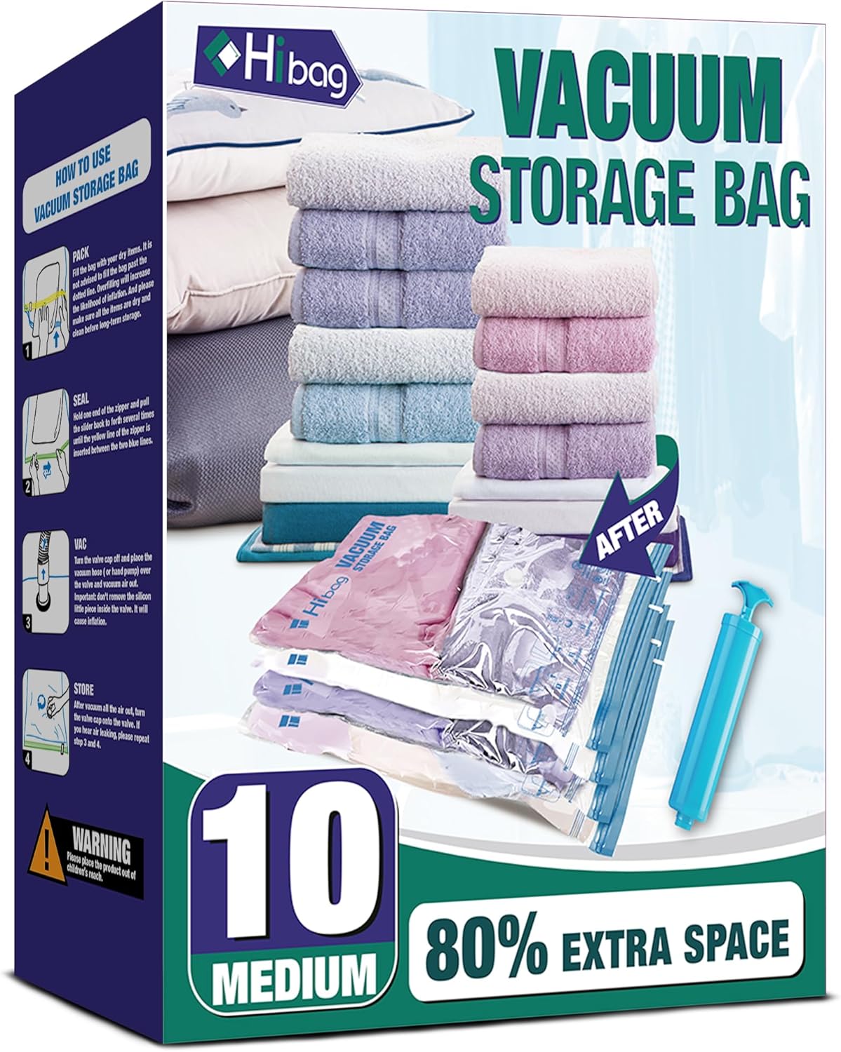 Skiennix Vacuum Storage Bags - 10 Medium Space Saver Seal Bags with Travel Hand Pump