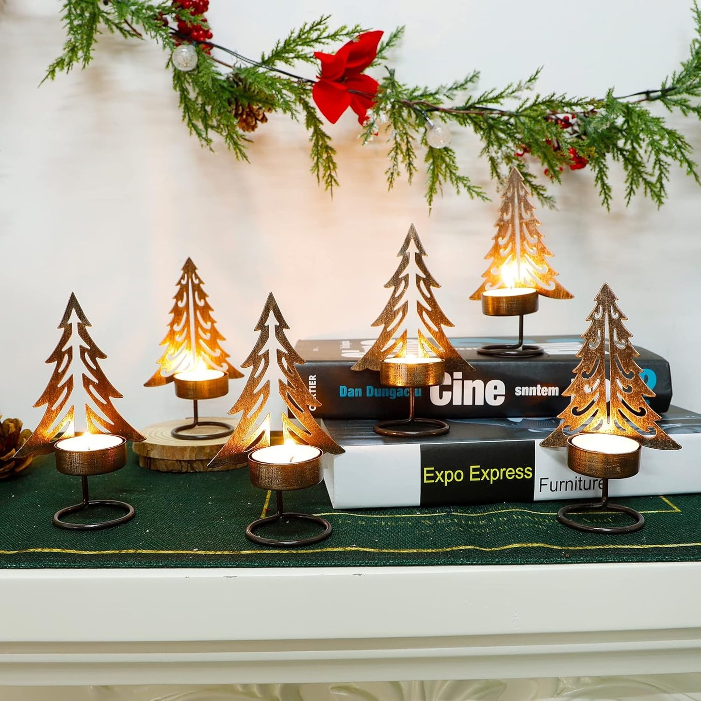 Juegoal Tea Light Candle Holders Set of 6 - Rust-Proof Metal Xmas Tree Centerpieces for Holiday Decor