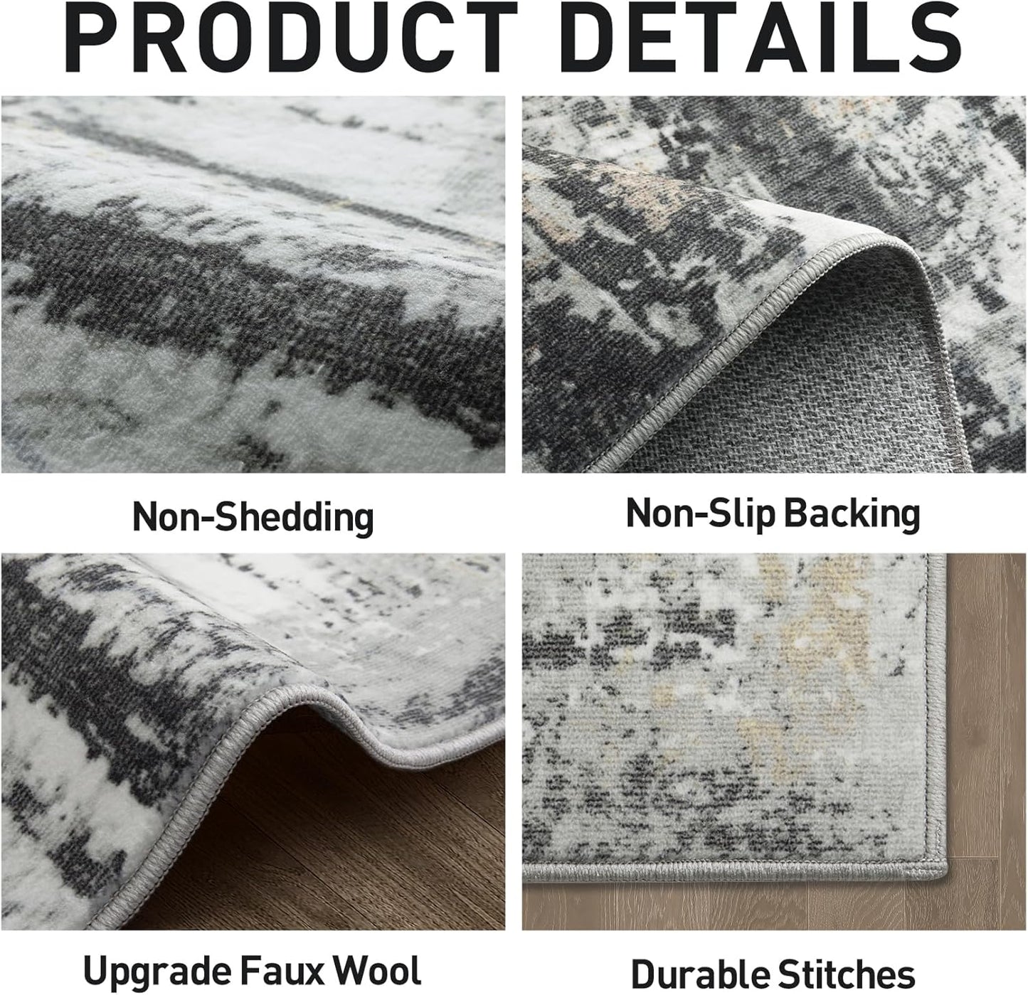 Skiennix 8x10 Area Rug - Washable Modern Abstract Design | Soft Anti-Skid Carpet in Black, Grey & Gold