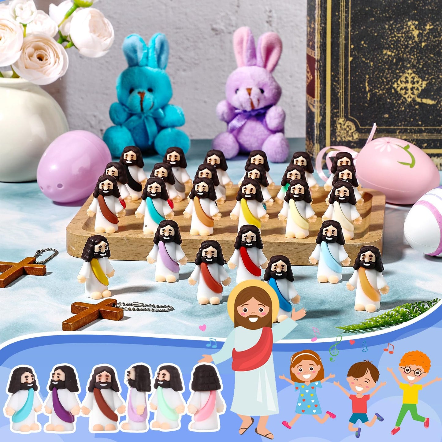 Bememo 25 Pcs Little Jesus Figures Original Design Mini Rubber Jesus Toys to Hide and Seek Religious Party Favors Sunday Baptism Gifts(Comprehensive Colors)