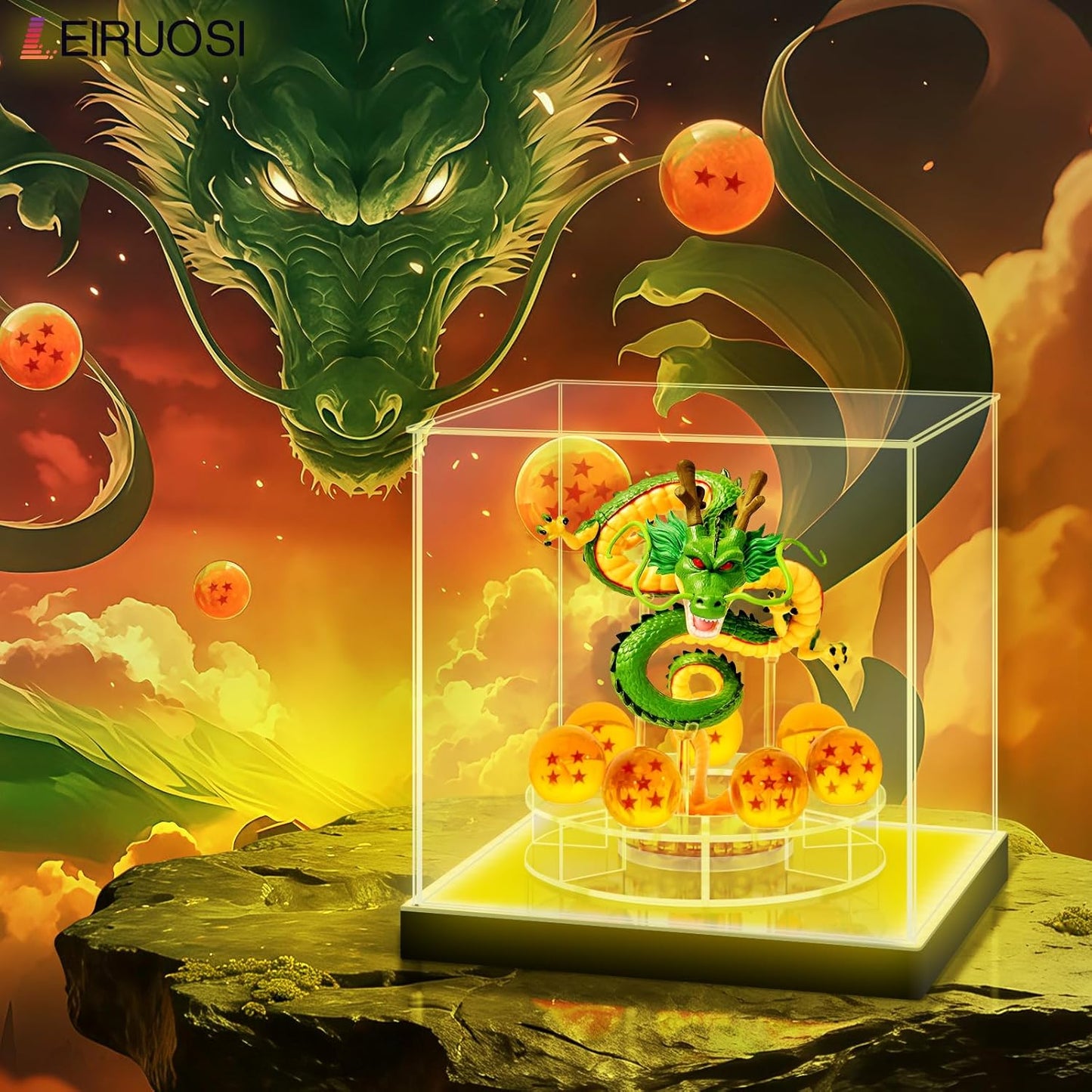 Shenron Clear Acrylic Display Case - LED Showcase for Dragon Shenlong Statue & Dragon Balls | Dustproof Protection