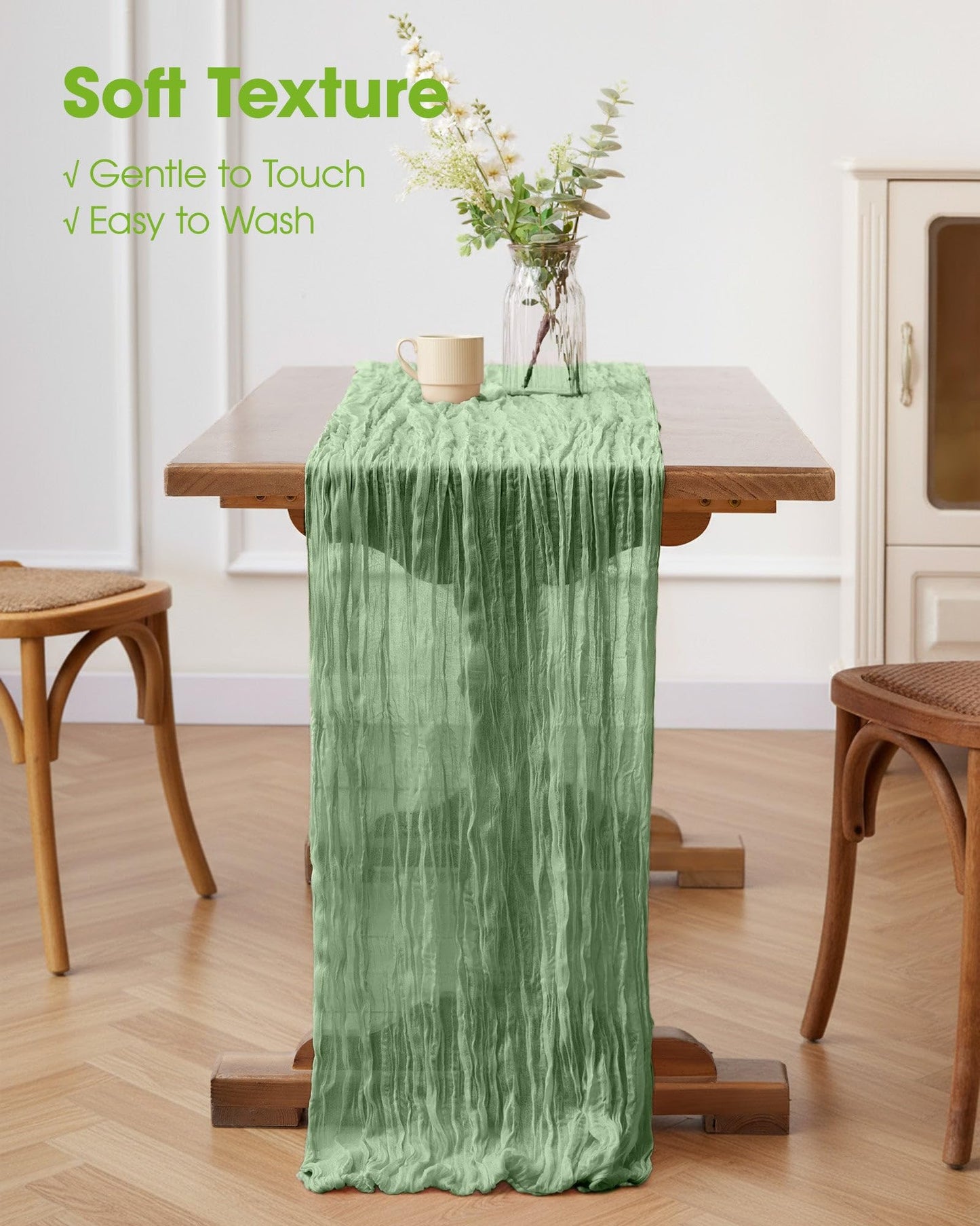 Pureegg 2-Pack Cheesecloth Table Runner, 120'' Easter Spring Boho Gauze Table Runner Decorations for Party, Baby Shower, Wedding and Farmhouse, Fabric Room Decor, Sage Green