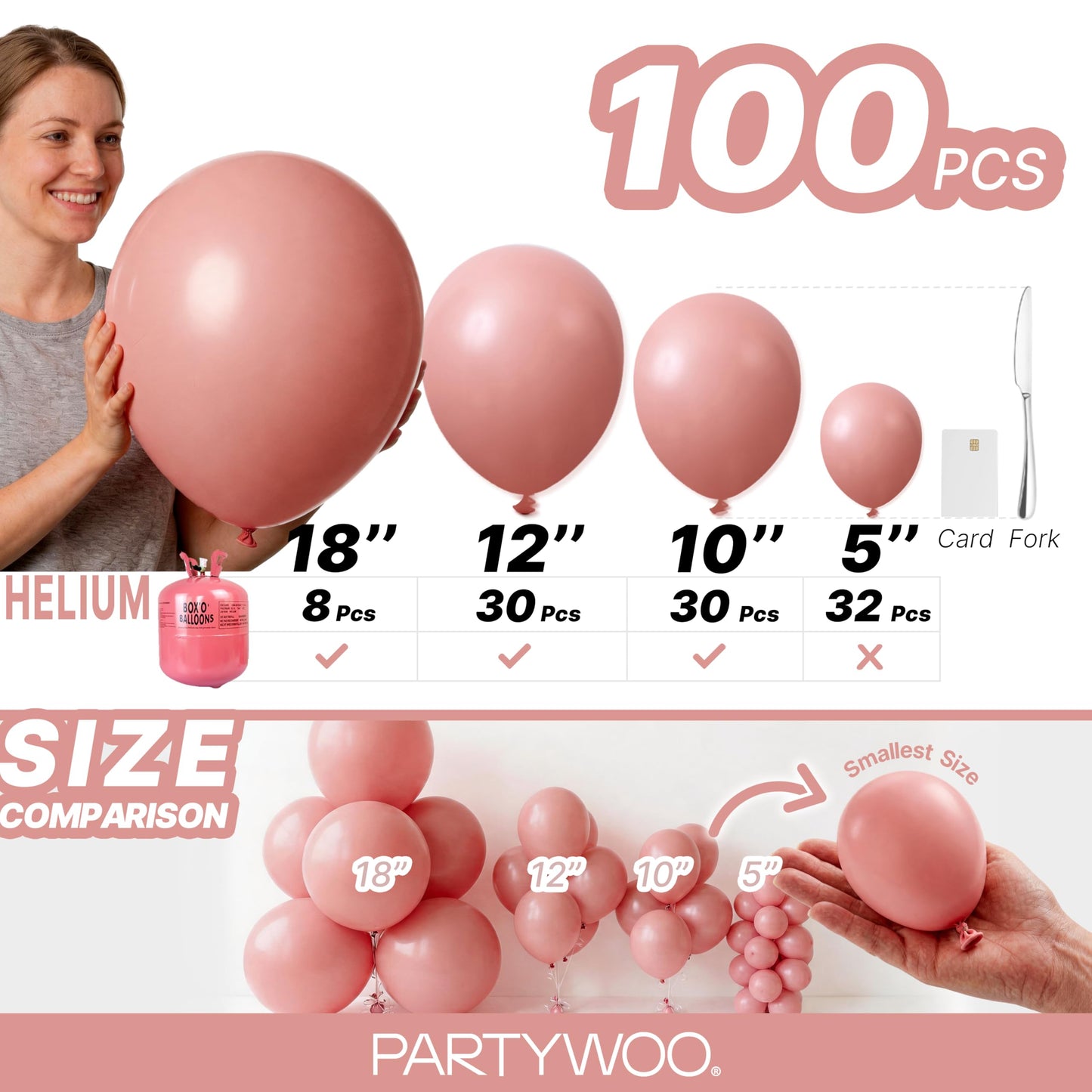 PartyWoo Dusty Pink Balloons 100pcs Different Sizes of 18 12 10 5 Inch Blush Pink Dusty Rose Boho Netural Balloon Arch Kit Garland for Baby Shower Princess Girl Birthday Party Decorations Pink-F01