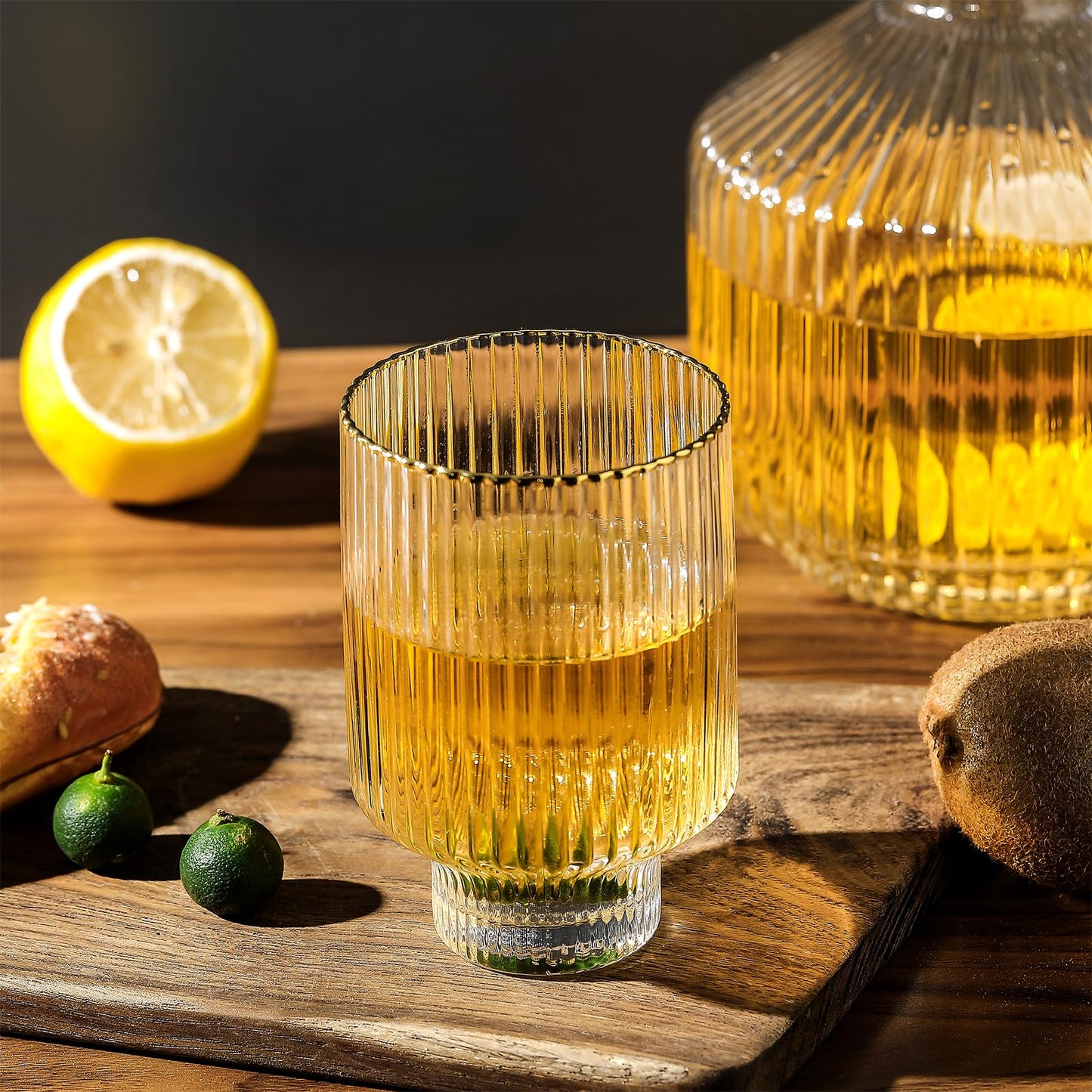 1500° C TABLETOP Bedside Water Carafe and Drinking Glass, 59 oz Carafe 2 Tumblers 13 oz, Mouthwash Decanter With Gold Rim Bedside Glass Set for Nightstand, Gifts