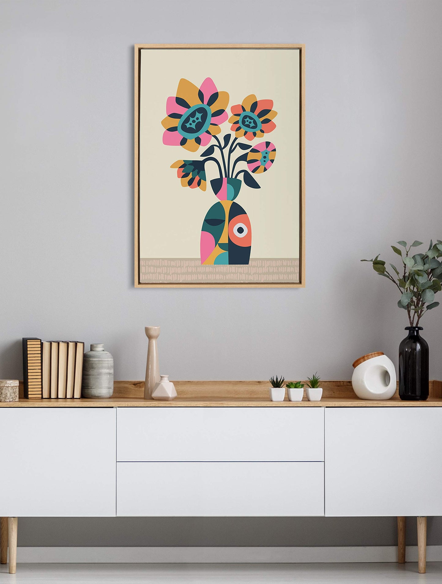 Kate and Laurel Sylvie Mid Century Modern Sunflowers Framed Canvas Wall Art by Rachel Lee of My Dream Wall, 23x33 Natural, Floral Art for Wall
