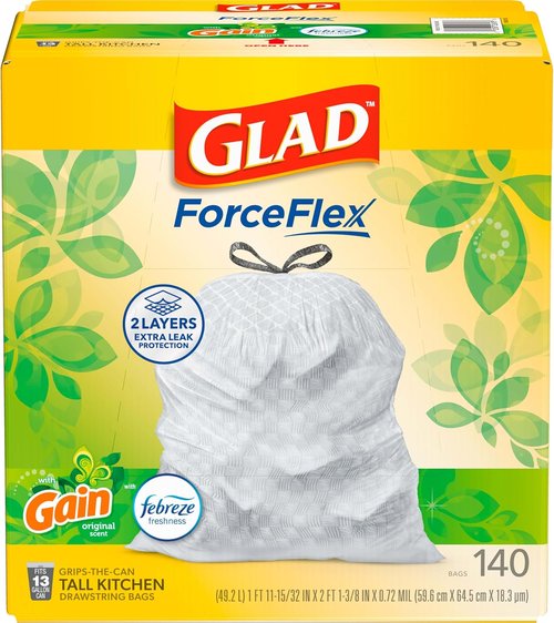 Glad ForceFlex Tall Kitchen Trash Bags - 13 Gallon, Gain Original Scent, 140 Count Pack