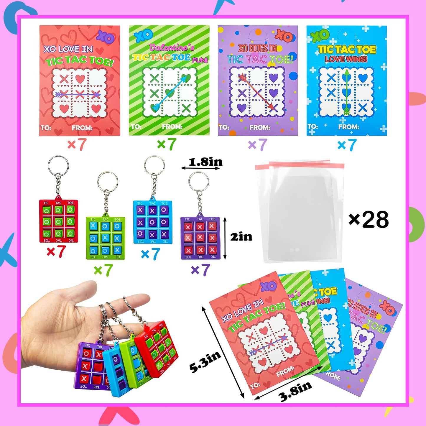 Valentines Day Gifts Cards for Kids School Classroom,28 Pack Tic Tac Toe Game Keychains with Cards for Boys Girls,Valentine Class Non Candy Treats Goodie Bag Stuffers Party Favors Prizes for Toddlers