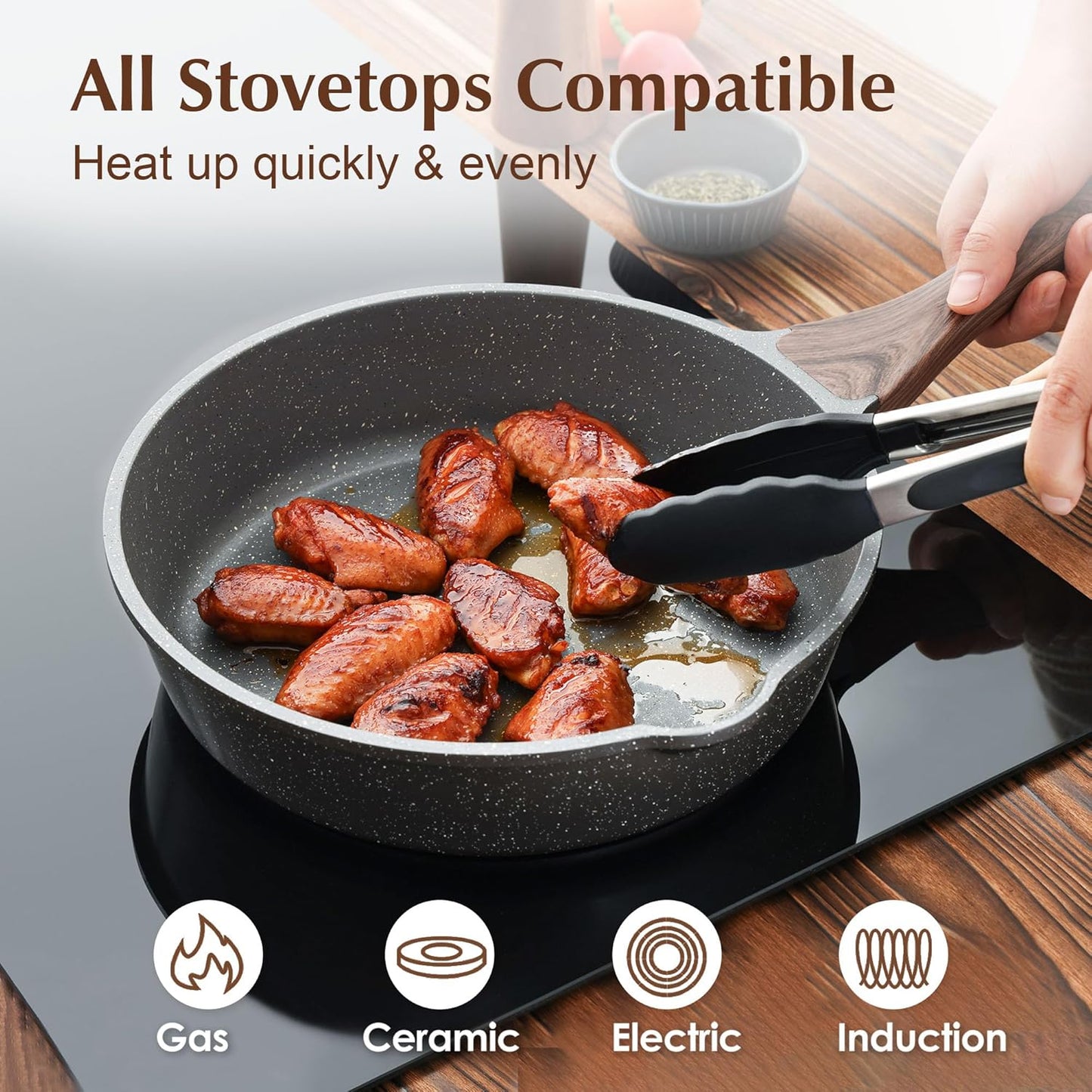 SENSARTE Nonstick Skillet - Deep Frying Pan with Lid & Stay-Cool Handle | 10-Inch Stone Cookware, Induction Compatible