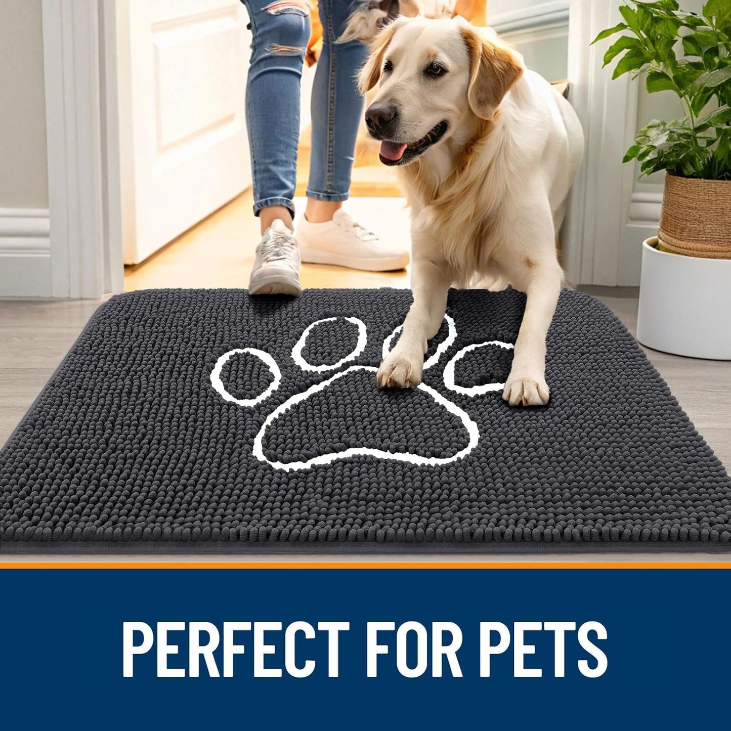 OLANLY Dog Door Mat - Absorbent Non-Slip Muddy Paws Mat | Quick Dry Chenille, 47x32, Dark Grey