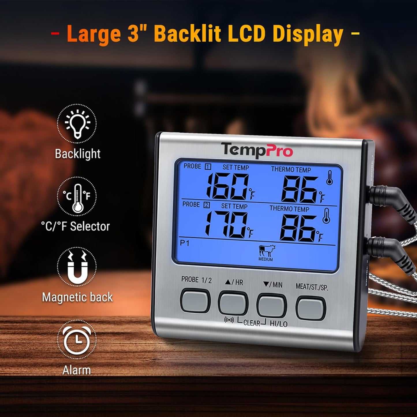 TempPro TP17 Dual Probe Digital Meat Thermometer - Large LCD Backlight & Timer Mode for BBQ, Silver