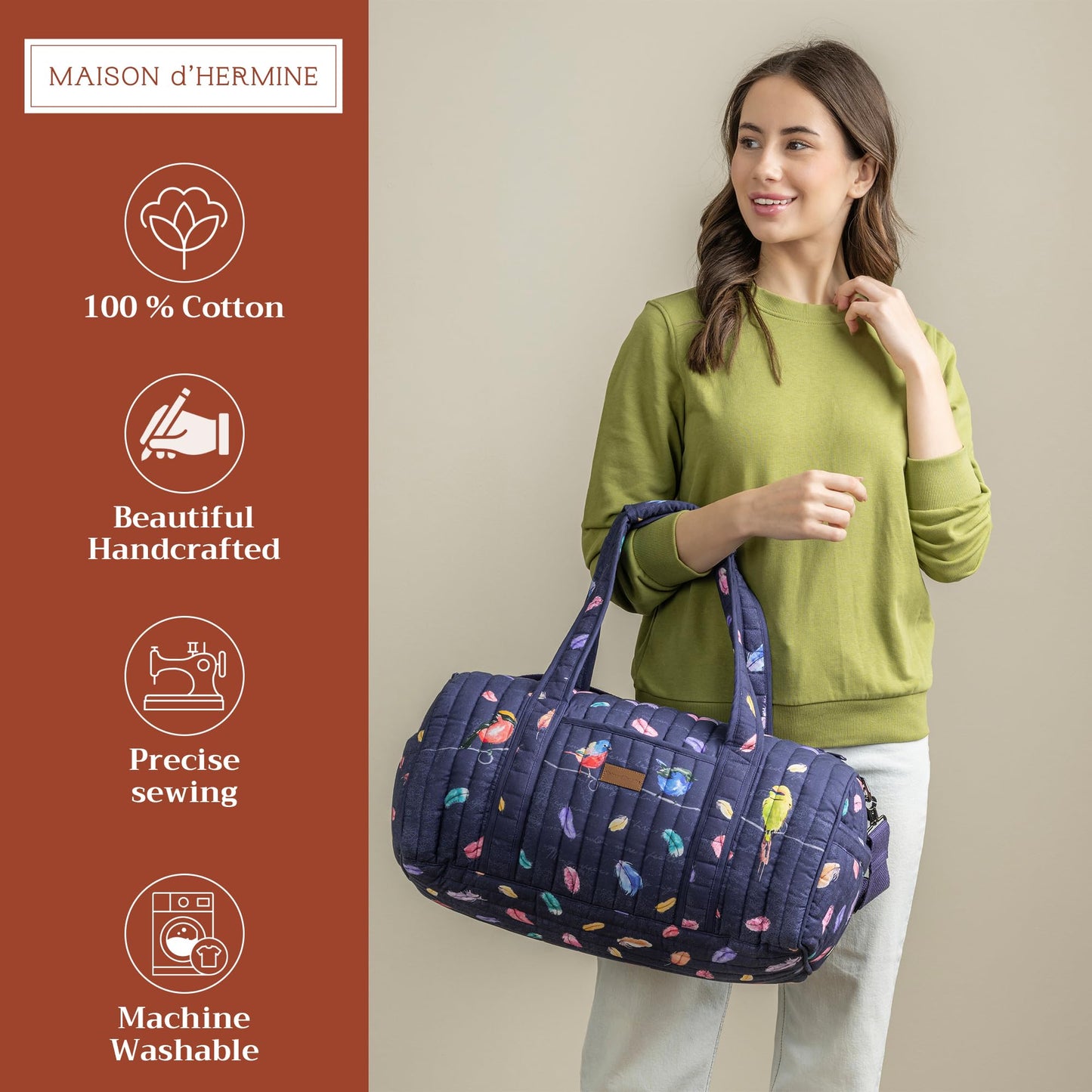 Maison d' Hermine Weekend Duffel Bags for Women Cotton Quilted Overnight Luggage Weekend Bag for Men Gym Sports Gifts Travel Business Travellers Trip Mothers Day Gifts -Birdies on Wire - Navy