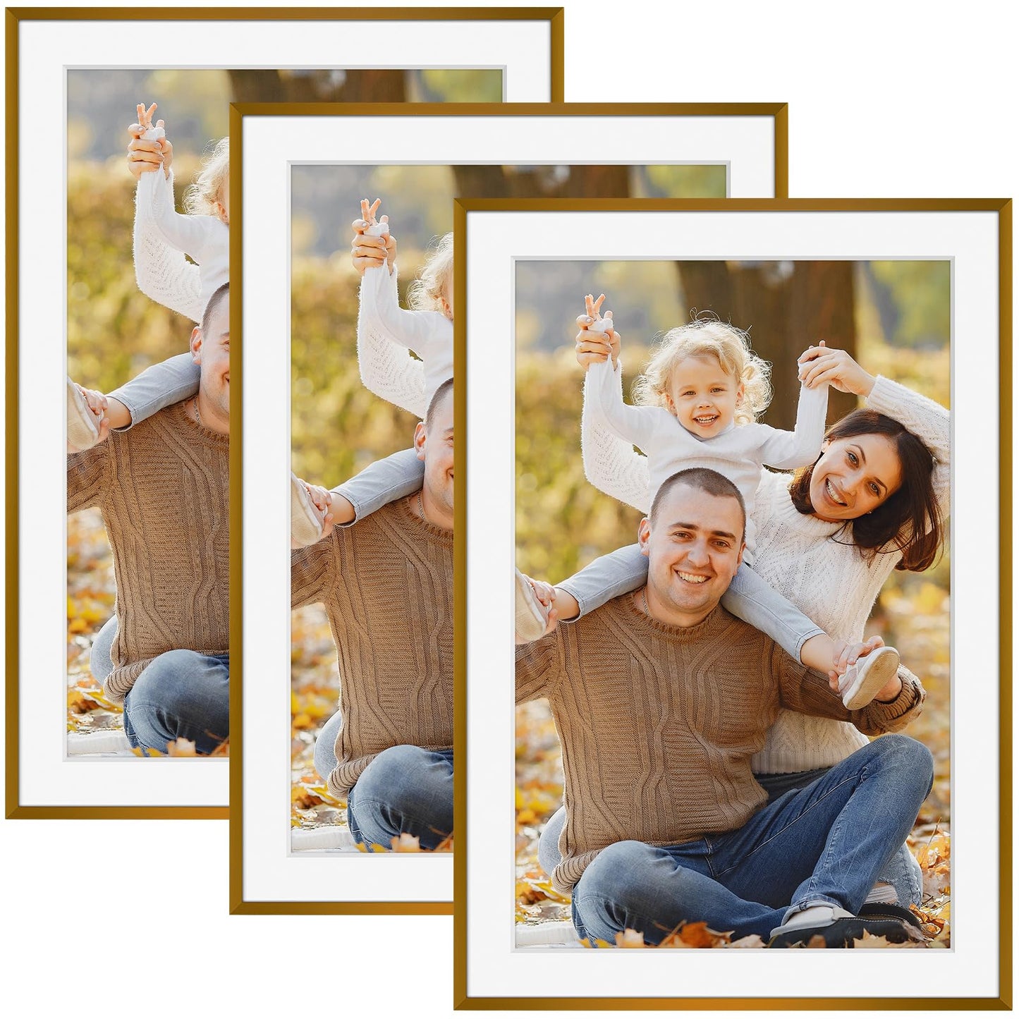 Mat Board Center, 13x19 Aluminum Picture Frames, Set of 3 - Displays 11x17 Artwork with Mat - Bronze Frame with Real Glass Front - Perfect for Creating a Gallery Wall for Art Prints, Posters