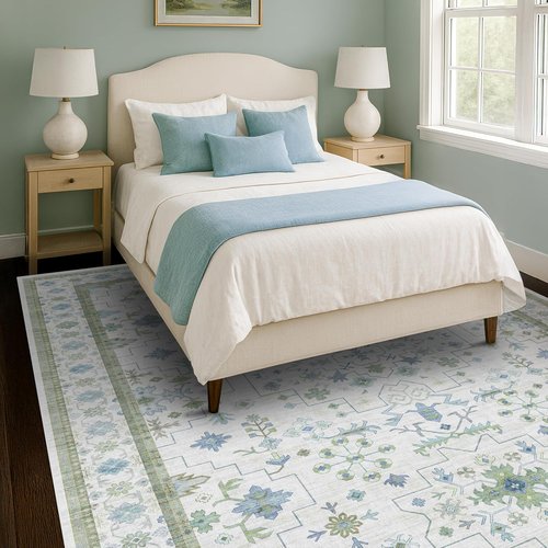 Hazo Haus Cream Oushak 7x9 Area Rug - Boho Floral Design in Cool Blue & Green | Washable, Non-Slip, Low Pile