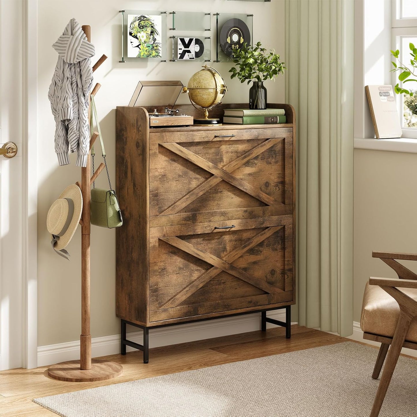 Kitstorack Shoe Storage Cabinet - Rustic Brown Wooden Organizer with 2 Flip Drawers & Metal Legs