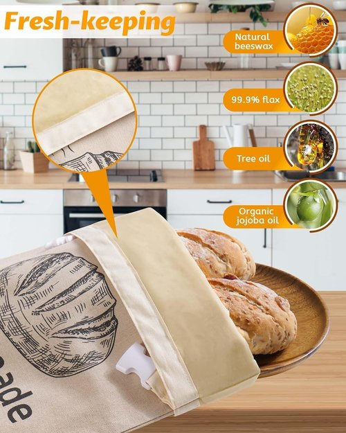 Beeswax Bread Bags - 2 Pack Reusable Organic Linen for Sourdough | 17 x 12.6 Inches - Freshness Preservation