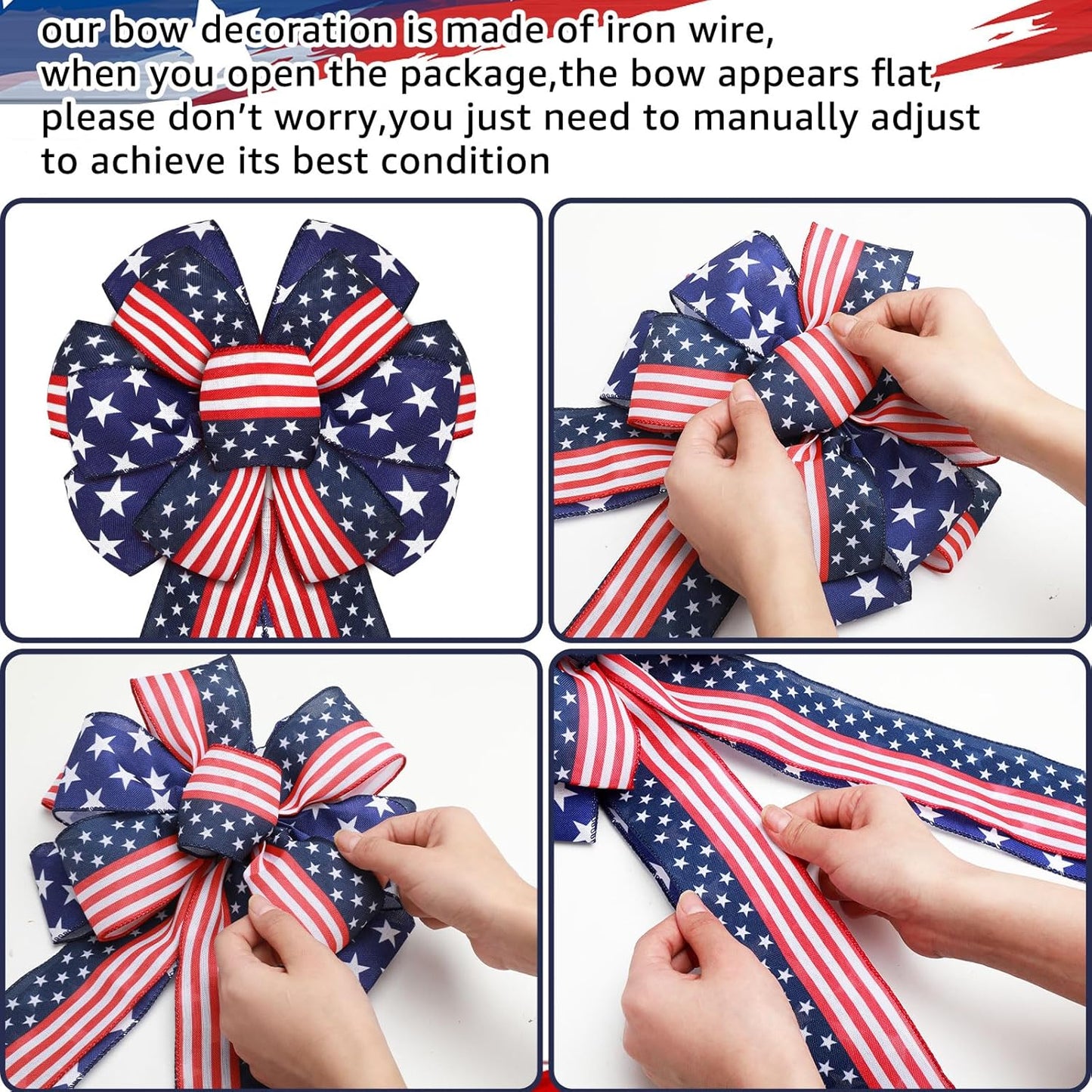 Riceshoot Patriotic Burlap Bows - 4th of July Tree Topper | USA Red, White & Blue Stars - 2 Pcs Set