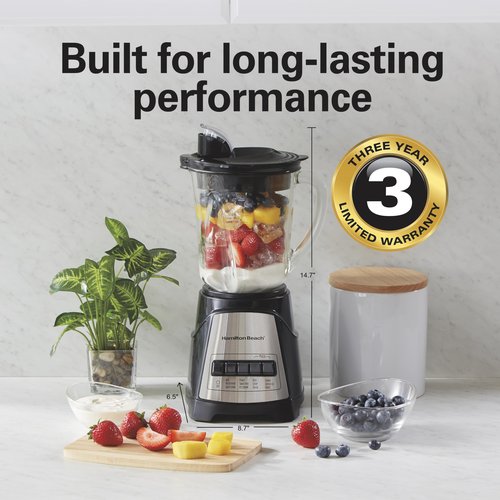 Hamilton Beach Power Elite Wave Action Blender For Smoothies, 40 Oz Glass Jar, 12 Functions Including Puree, Crush Ice, 700 Watts - Black (58148A)