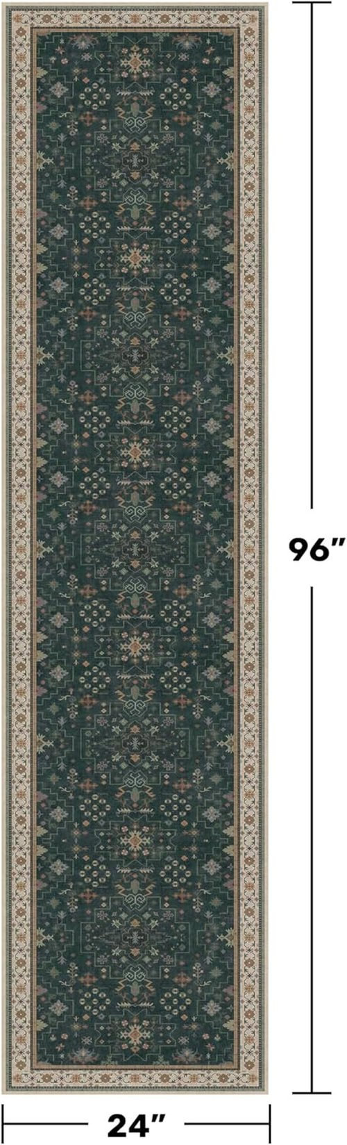 Hazo Haus Dark Green Kitchen Runner Rug - Modern Vintage Boho Floral Pattern, 2x8 Non-Slip, Washable
