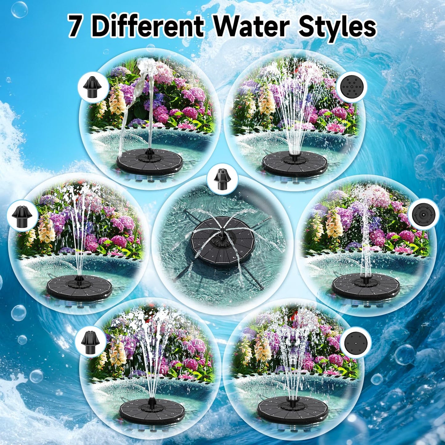 Yzert Solar Fountain - 3-Level Adjustable Water Height | 3.5W Glass Outdoor Pump with 7 Nozzles for Garden, Pond, Bird Bath (2026 Model, Black)