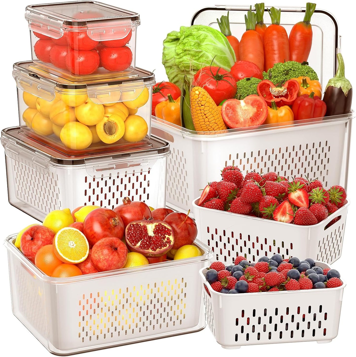 Skiennix Large Fruit Storage Containers - Airtight 5-Piece Set with Removable Colanders | Keep Produce Fresh Longer