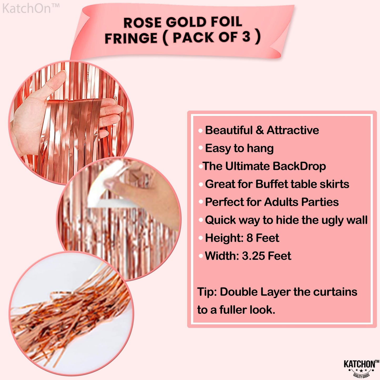 KatchOn, Rose Gold Fringe Curtain - XtraLarge 8x3.2 Feet, Pack of 3 | Rose Gold Backdrop for Bachelorette Party Decor, Graduation Decorations 2025 | Fringe Backdrop for Rosegold Birthday Decorations
