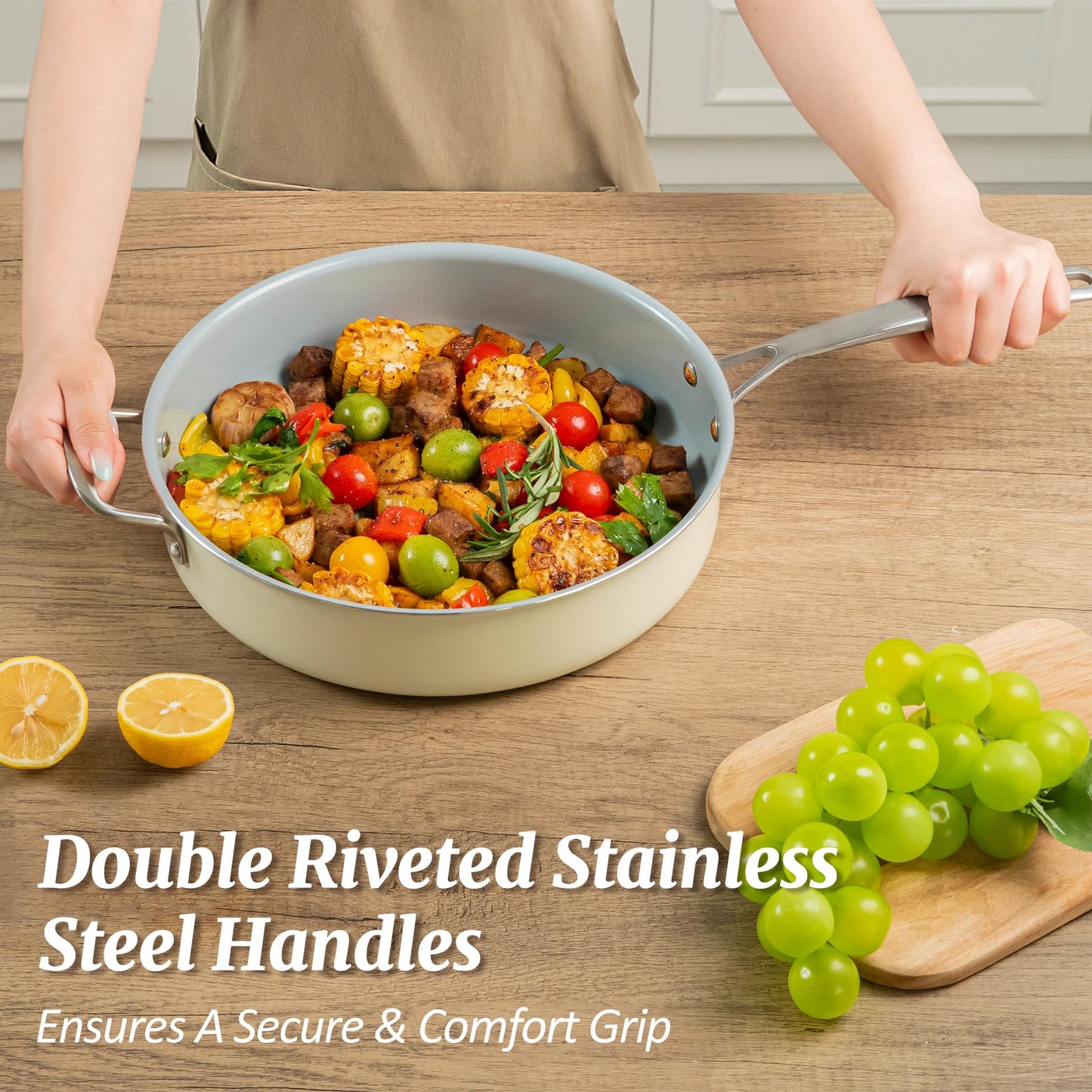 Nonstick Sauté Pan with Lid 5 QT Deep Frying Pan with Stainless Steel Helper Handle 12 inch Large Skillet Ceramic Jumbo Cooker for Healthy Cooking, Induction Compatible Cookware, PFOA Free