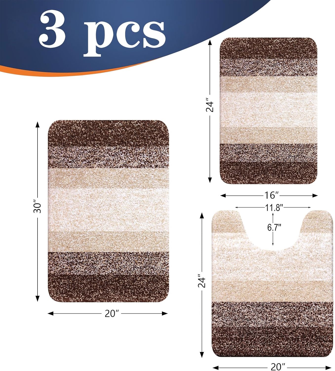 OLANLY Bathroom Rugs Set - Soft Absorbent Microfiber Mats with U-Shaped Contour Rug | 3-Piece Brown Set (30"x20"+24"x16"+24"x20")