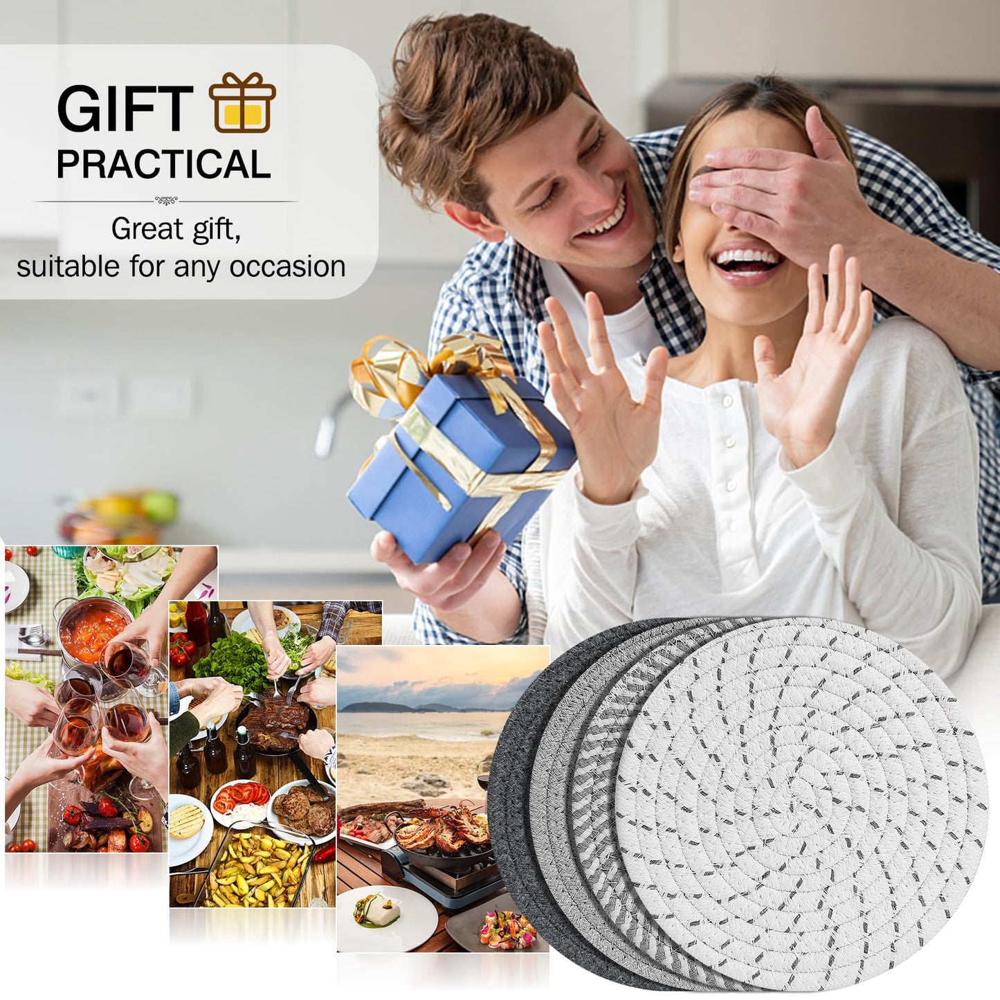 ME.FAN 8 Inch Trivets for Hot Dishs, 8 Set Cotton Thread Weave Trivets for Hot Pans, Potholders, Large Coasters, Hot Pads, Hot Mats to Protect Desktop & Countertop, Kitchen Essentials Grey