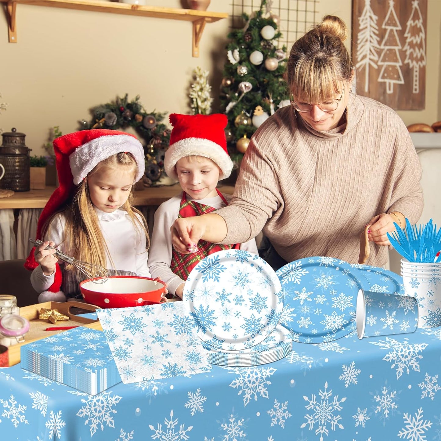 Regine Switzerland 142-Piece Winter Snowflake Party Set - Blue & White Tableware for Christmas & New Year Celebrations
