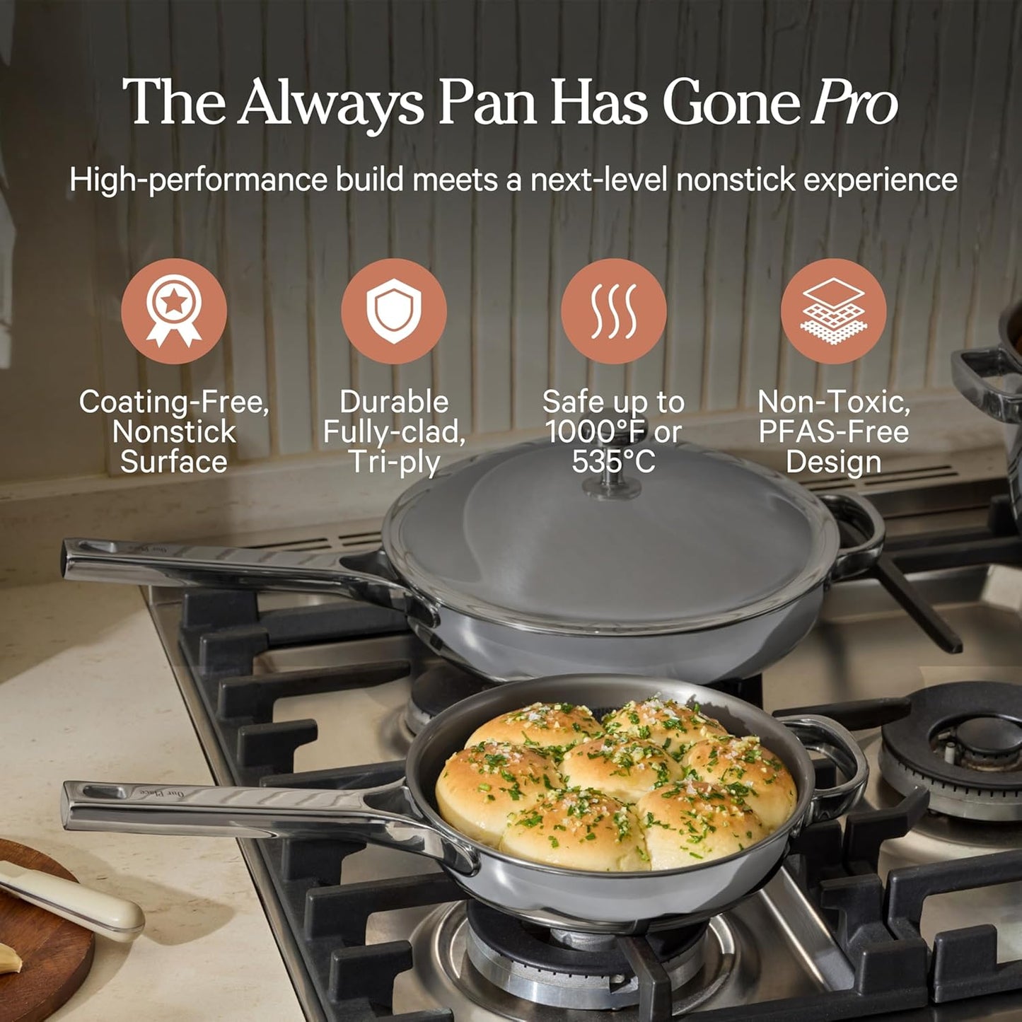 Our Place Mini Titanium Always Pan Pro - 8.5" PFAS-Free Nonstick Frying Pan with Spatula | Chef-Grade Tri-Ply Stainless Steel & Aluminum | Induction & Oven-Safe up to 1000°F | Chrome Finish