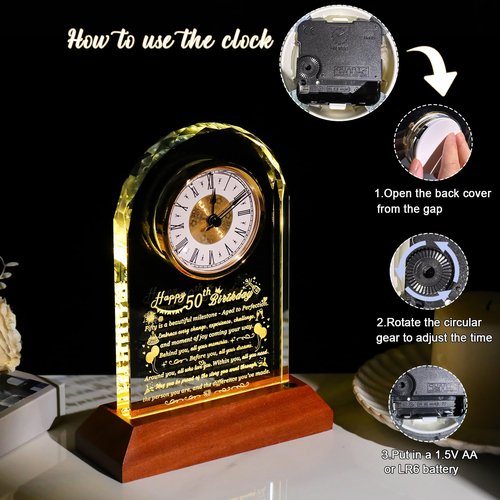 Arikyrist Happy 50th Birthday Glass Clock Gifts for Women, Men - 50 Year Old Birthday Gift with Wooden Light Base for Her Him, Turning 50 Quartz Clock Gift Idea for Mom Dad Unique Decoration