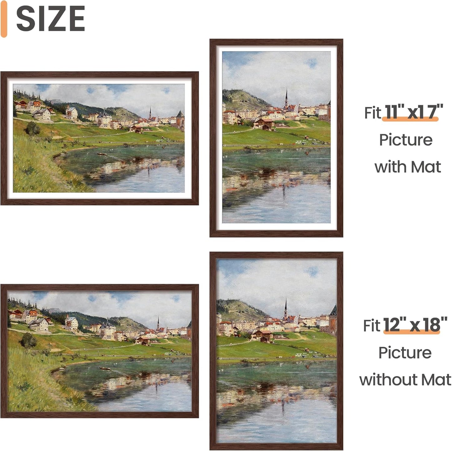 Upsimples 12x18 Picture Frame - Versatile Wall Hanging for 11x17 Photos with Mat or 12x18 Without Mat, Brown