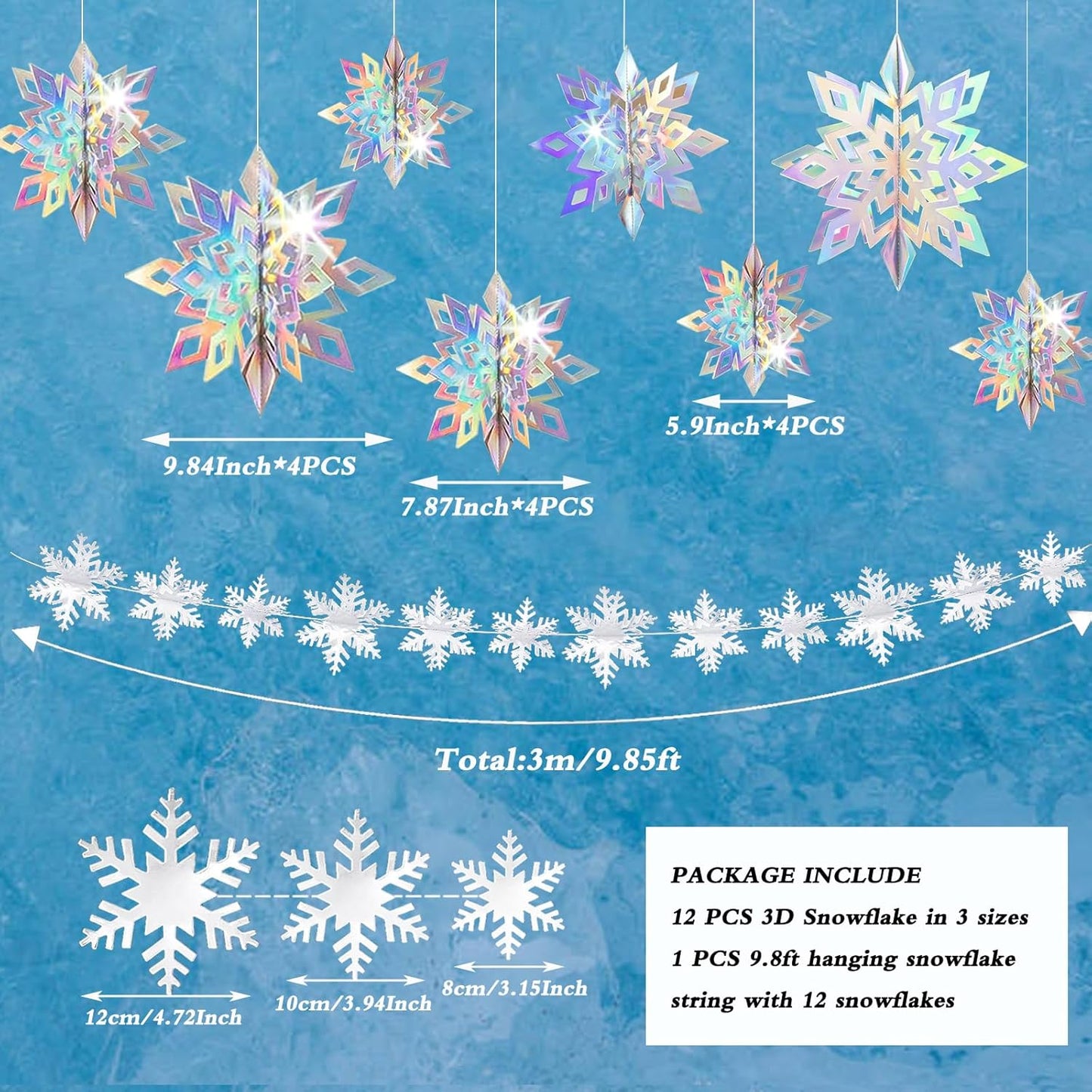 Skiennix 24 PCS Snowflake Christmas Hanging Decor - 12 Glittery & 12 White Paper Snowflakes for Winter Holiday Parties