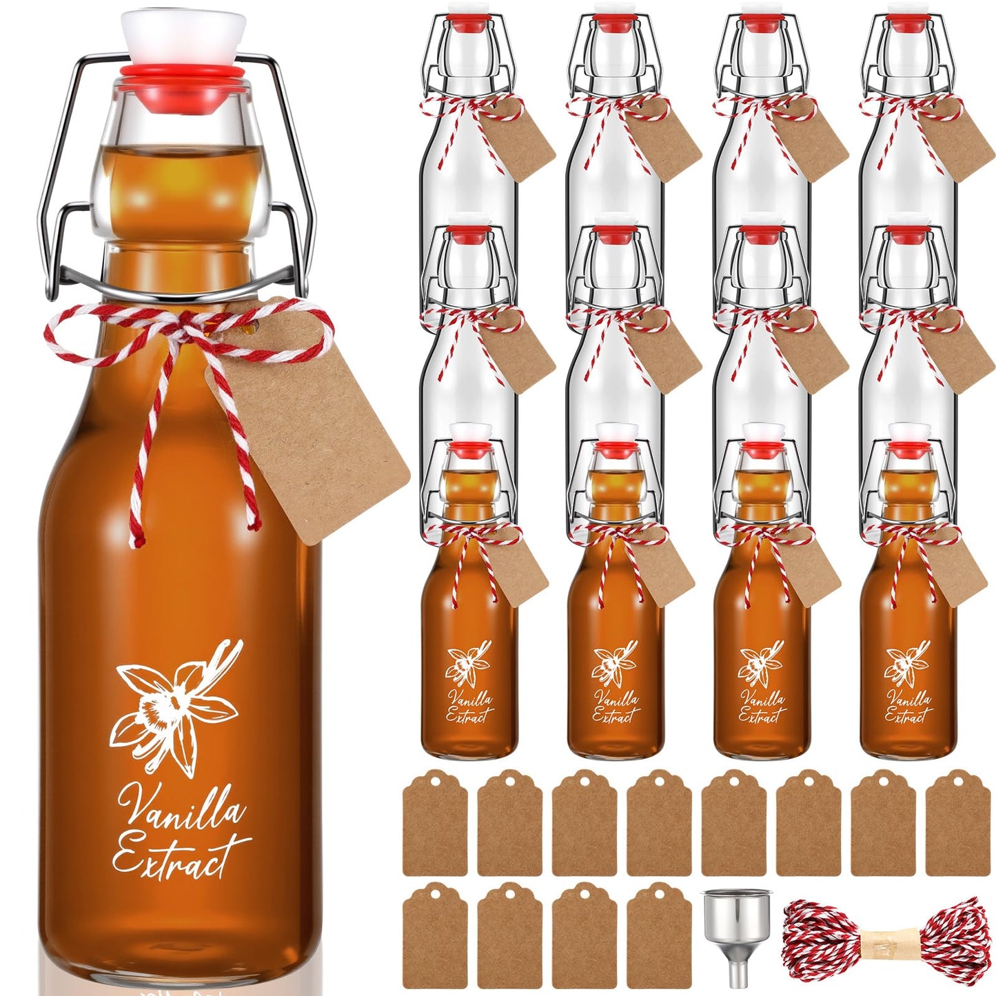 Reallnaive 12 Pack 8oz Vanilla Extract Bottles Swing Top Glass Bottles for Vanilla Extract Homemade Glass with Caps and Cotton Twines for Wedding Baby Shower Favors