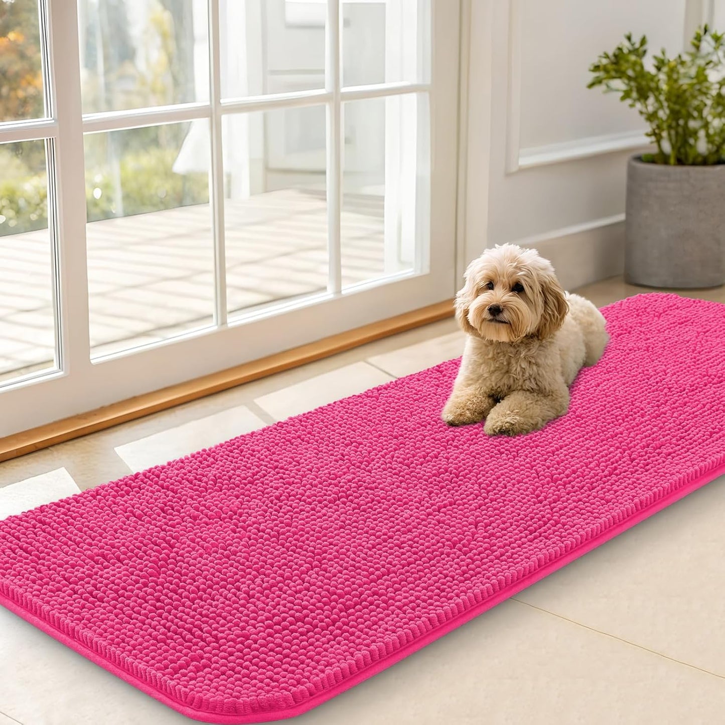 OLANLY Dog Door Mat - Absorbent Non-Slip Chenille Mud Mat for Muddy Paws | 59x20, Hot Pink