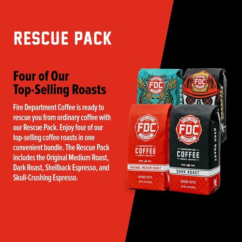 Fire Department Coffee - Rescue Variety Pack Ground Coffee - Medium, Dark & Espresso Blends | 12 oz, Pack of 4
